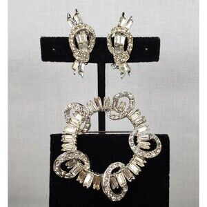 Vtg 1940's Art Deco Baguette Clear Crystal Rhinestone Brooch Clip On Earring Set
